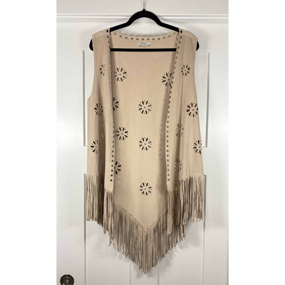 Ariat Tan Faux Suede Laser Cut Fringe Open Front Vest Women's L / XL Western